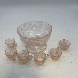 BEAUTIFUL VINTAGE CAMBRIDGE GLASS "INVERTED STRAWBERRY" CHILD'S PUNCH BOWL SET